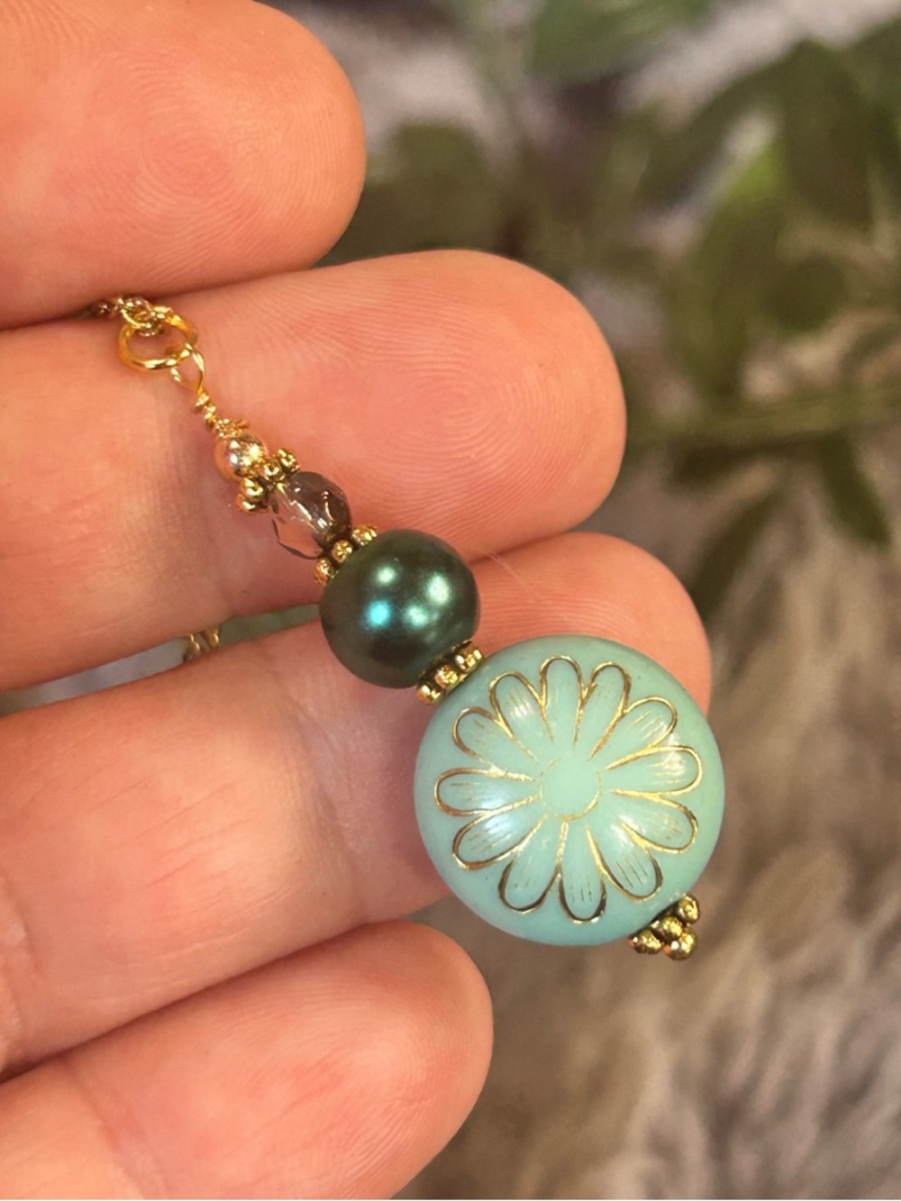 Handcrafted elegant blue art glass beaded pendant on chain necklace